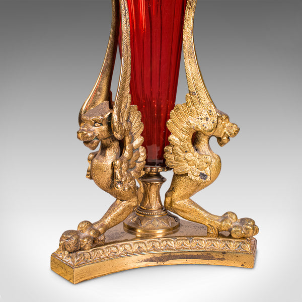 Antique Epergne, French, Gilt Bronze, Cranberry Art Glass, Flower Vase, C.1920