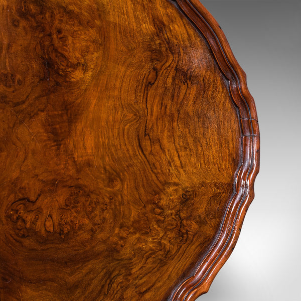 Antique Oval Side Table, English, Burr Walnut, Lamp, Wine, Pie Crust, Edwardian