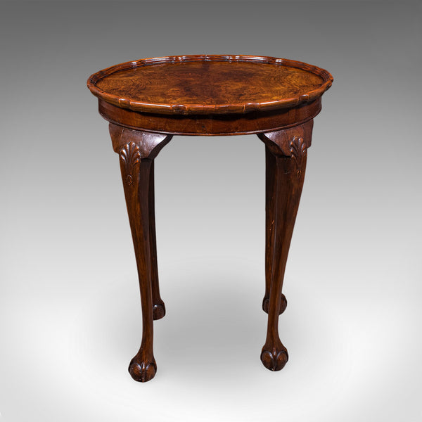 Antique Oval Side Table, English, Burr Walnut, Lamp, Wine, Pie Crust, Edwardian