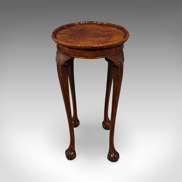 Antique Oval Side Table, English, Burr Walnut, Lamp, Wine, Pie Crust, Edwardian