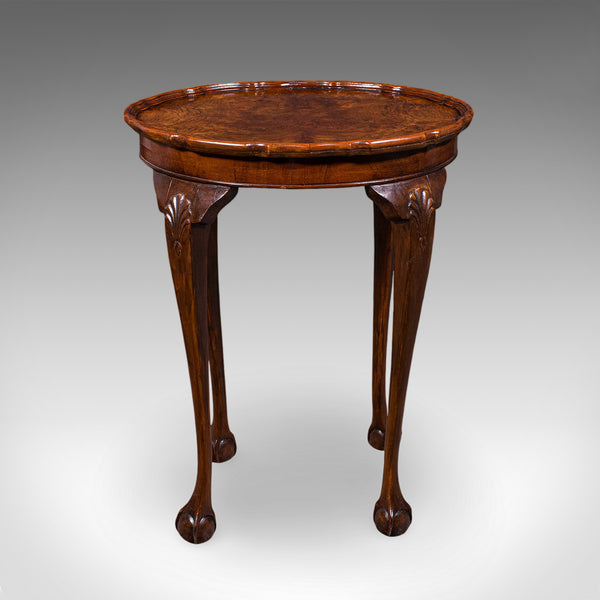 Antique Oval Side Table, English, Burr Walnut, Lamp, Wine, Pie Crust, Edwardian