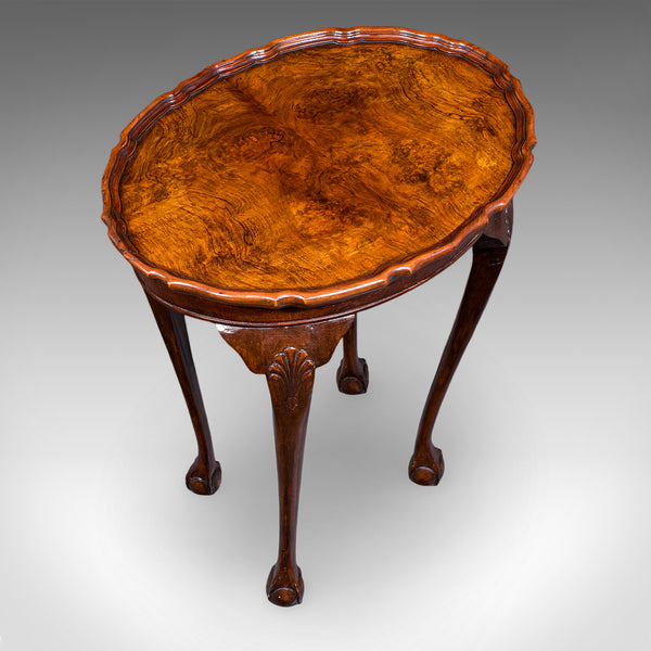 Antique Oval Side Table, English, Burr Walnut, Lamp, Wine, Pie Crust, Edwardian