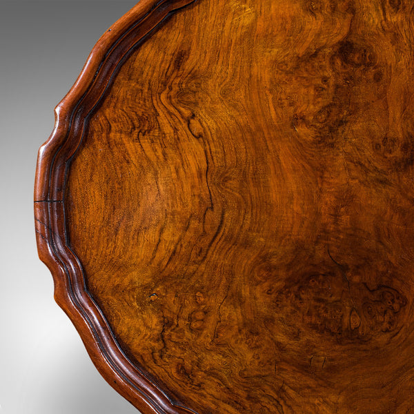 Antique Oval Side Table, English, Burr Walnut, Lamp, Wine, Pie Crust, Edwardian