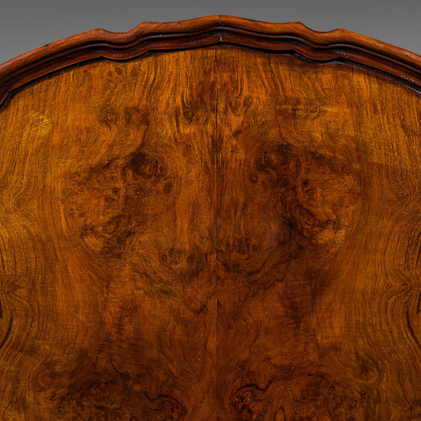 Antique Oval Side Table, English, Burr Walnut, Lamp, Wine, Pie Crust, Edwardian
