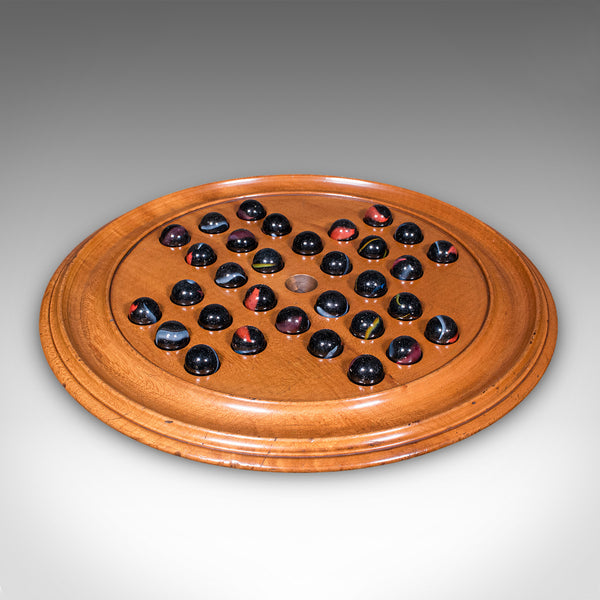 Vintage Solitaire Board, English Yew, Glass Marbles, Game Set, Mid Century, 1960