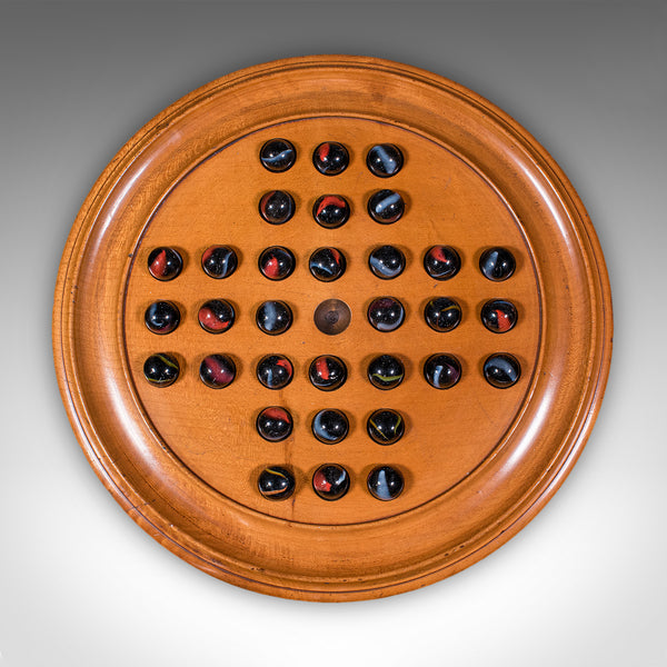 Vintage Solitaire Board, English Yew, Glass Marbles, Game Set, Mid Century, 1960