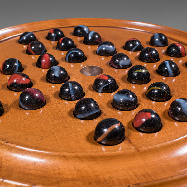 Vintage Solitaire Board, English Yew, Glass Marbles, Game Set, Mid Century, 1960