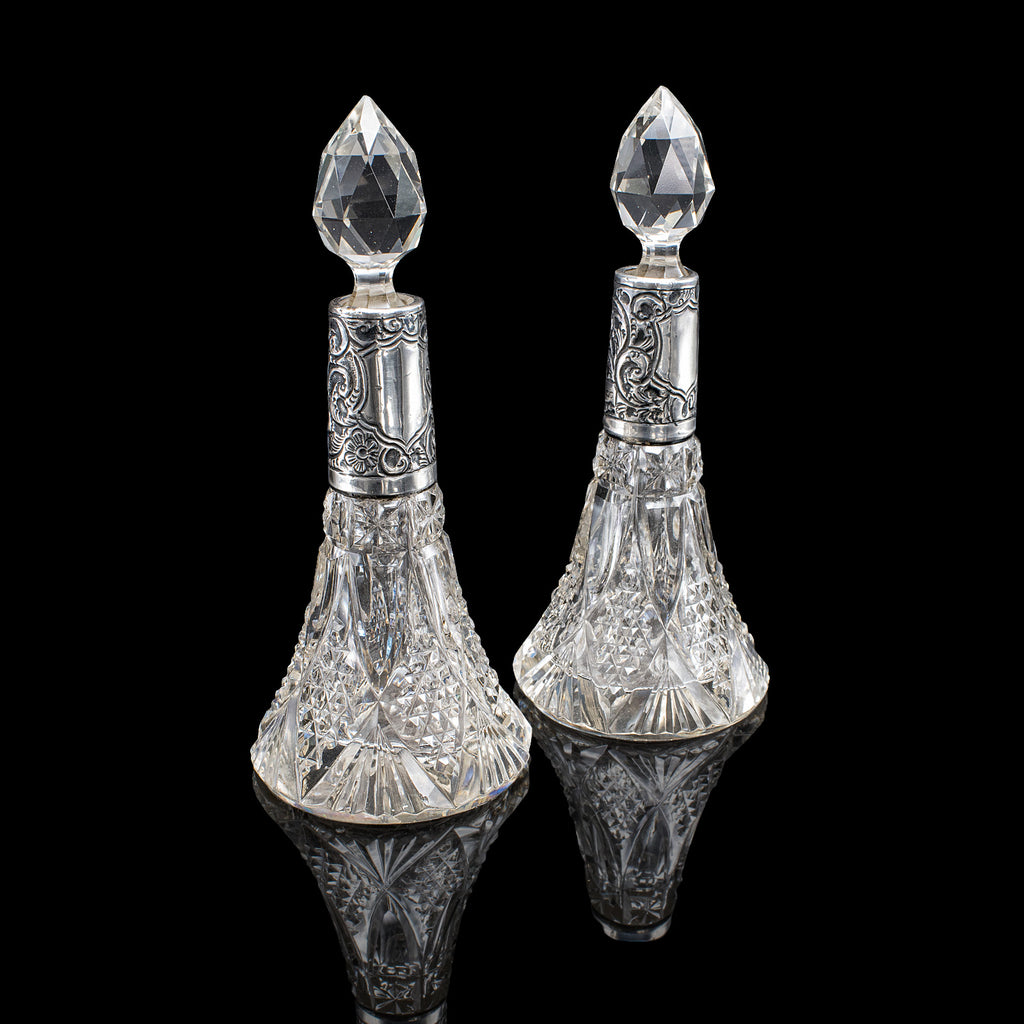 Pair of Small Antique Scent Bottles, English, Perfume Decanter, Silver Collar