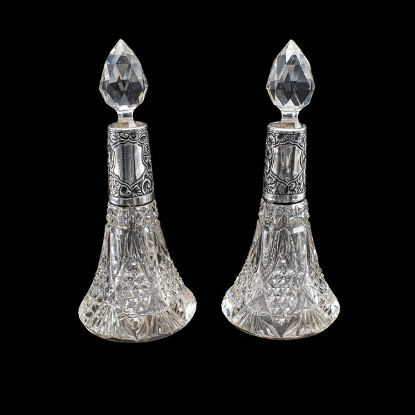 Pair of Small Antique Scent Bottles, English, Perfume Decanter, Silver Collar