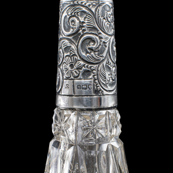 Pair of Small Antique Scent Bottles, English, Perfume Decanter, Silver Collar