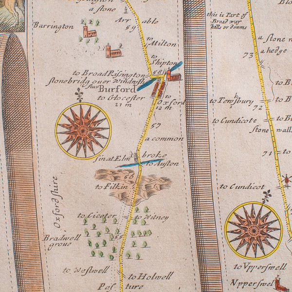 Antique Coaching Map, Salisbury to Campden, English, Framed Cartography, Ogilby