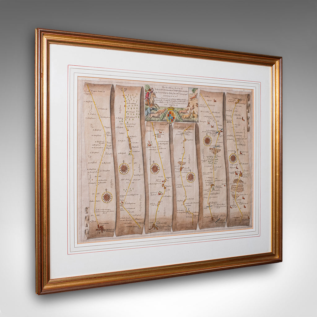 Antique Coaching Map, Salisbury to Campden, English, Framed Cartography, Ogilby