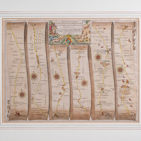 Antique Coaching Map, Salisbury to Campden, English, Framed Cartography, Ogilby