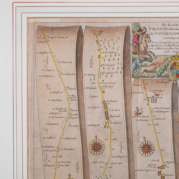 Antique Coaching Map, Salisbury to Campden, English, Framed Cartography, Ogilby