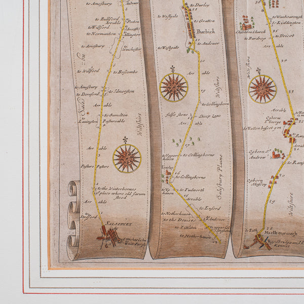 Antique Coaching Map, Salisbury to Campden, English, Framed Cartography, Ogilby