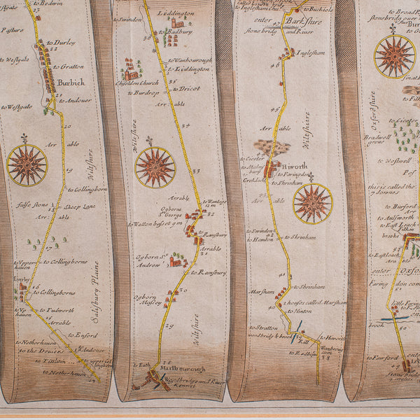 Antique Coaching Map, Salisbury to Campden, English, Framed Cartography, Ogilby