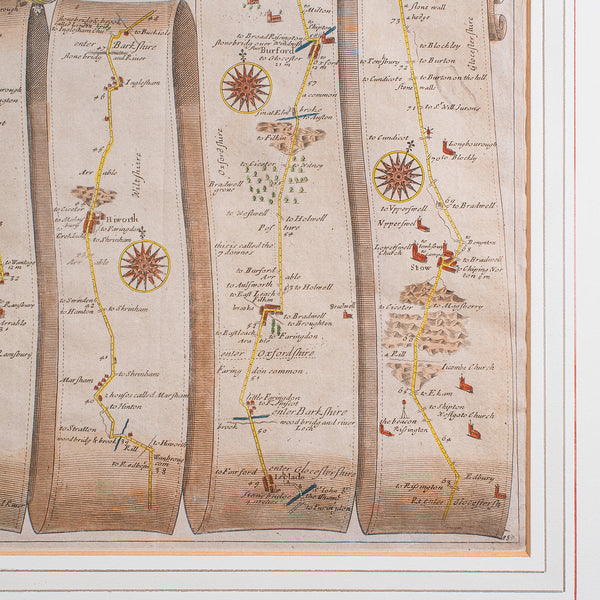 Antique Coaching Map, Salisbury to Campden, English, Framed Cartography, Ogilby