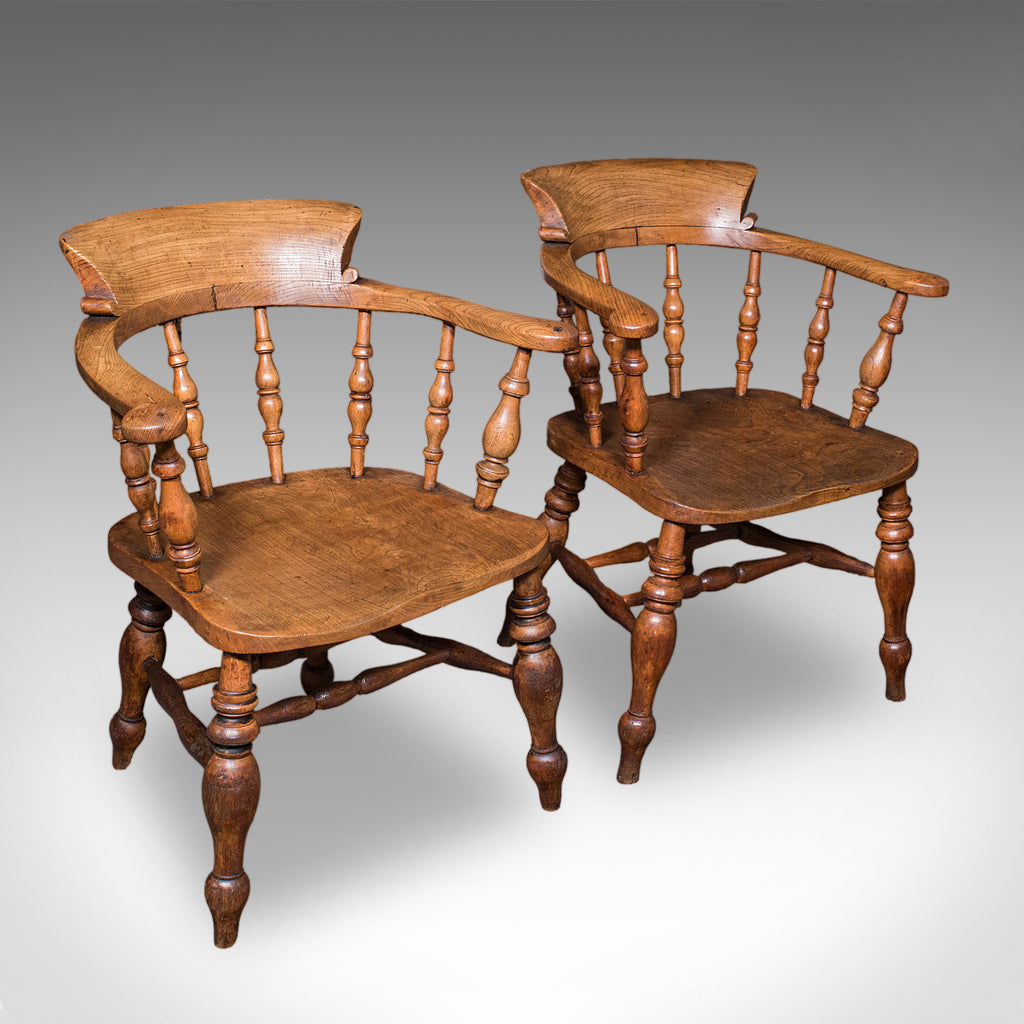 Pair of Antique Country House Captain's Chairs, English, Smoker's Bow, Victorian