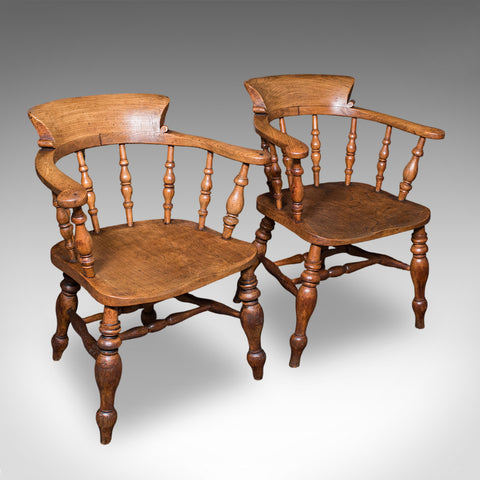 Pair of Antique Country House Captain's Chairs, English, Smoker's Bow, Victorian