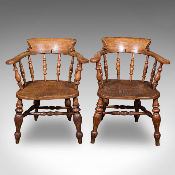 Pair of Antique Country House Captain's Chairs, English, Smoker's Bow, Victorian