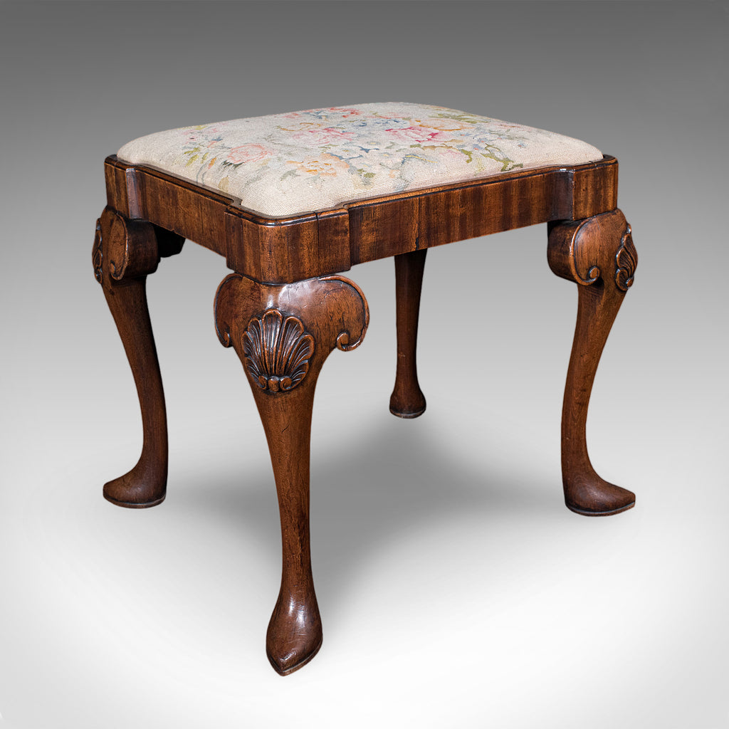 Antique Queen Anne Revival Dressing Stool, English, Needlepoint, Victorian, 1870