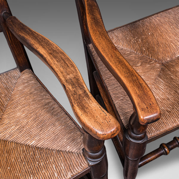 6 Antique Lancashire Dining Chairs, English Beech, Carver, Seat, Edwardian, 1905