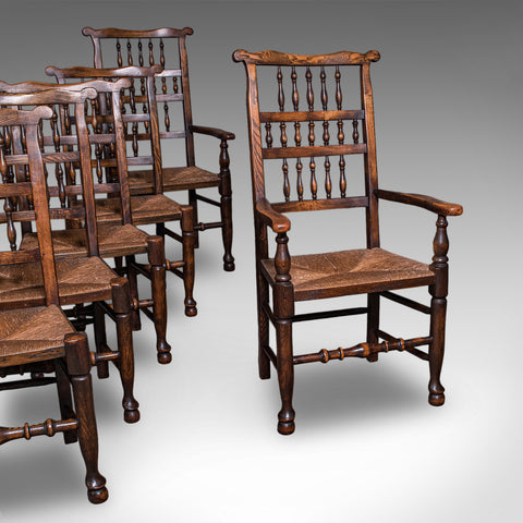 6 Antique Lancashire Dining Chairs, English Beech, Carver, Seat, Edwardian, 1905