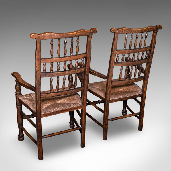 6 Antique Lancashire Dining Chairs, English Beech, Carver, Seat, Edwardian, 1905
