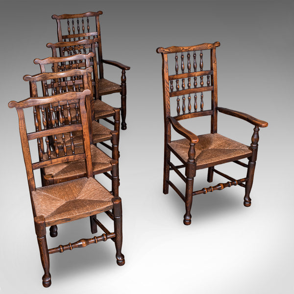 6 Antique Lancashire Dining Chairs, English Beech, Carver, Seat, Edwardian, 1905