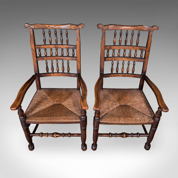 6 Antique Lancashire Dining Chairs, English Beech, Carver, Seat, Edwardian, 1905