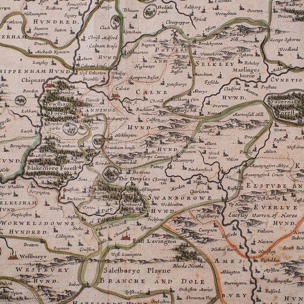 Antique Wiltshire County Map, Dutch, Framed Cartography, Latin, Blaeu, C.1650