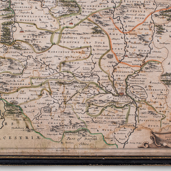 Antique Wiltshire County Map, Dutch, Framed Cartography, Latin, Blaeu, C.1650