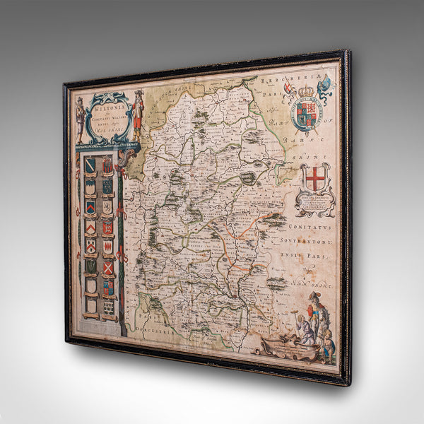 Antique Wiltshire County Map, Dutch, Framed Cartography, Latin, Blaeu, C.1650