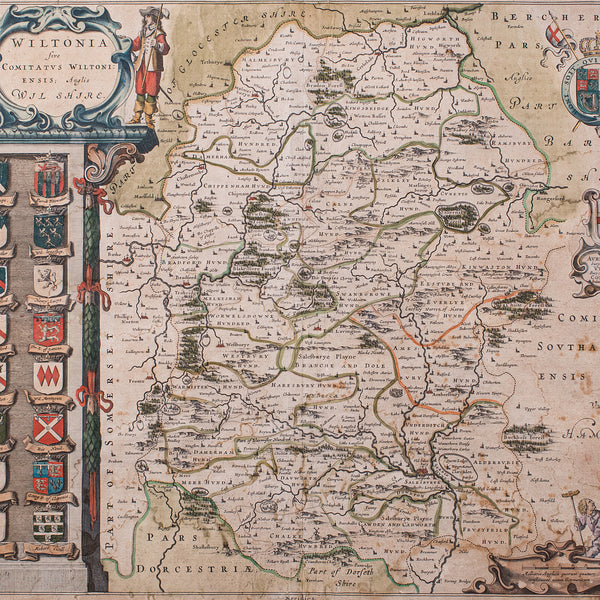Antique Wiltshire County Map, Dutch, Framed Cartography, Latin, Blaeu, C.1650