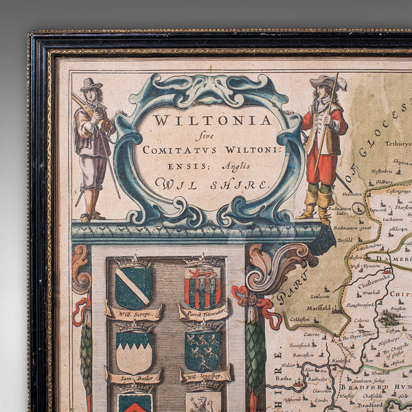 Antique Wiltshire County Map, Dutch, Framed Cartography, Latin, Blaeu, C.1650