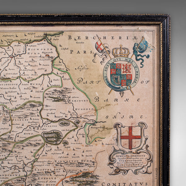 Antique Wiltshire County Map, Dutch, Framed Cartography, Latin, Blaeu, C.1650