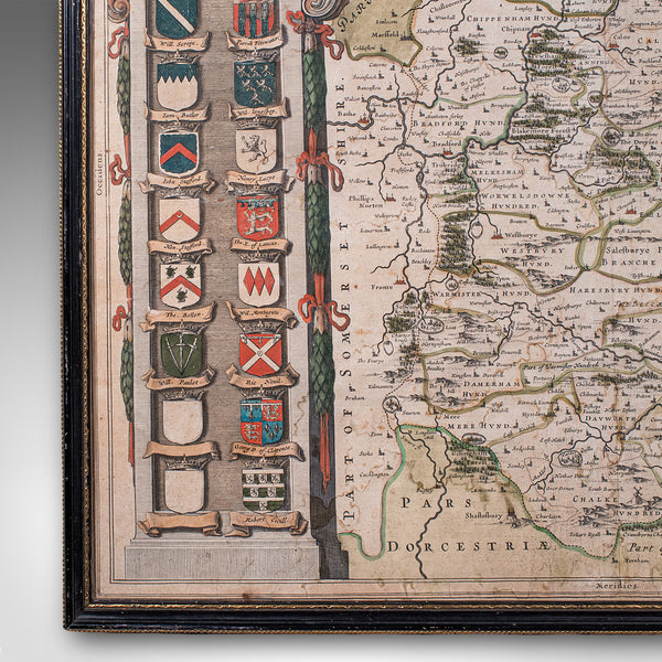 Antique Wiltshire County Map, Dutch, Framed Cartography, Latin, Blaeu, C.1650