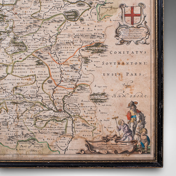 Antique Wiltshire County Map, Dutch, Framed Cartography, Latin, Blaeu, C.1650