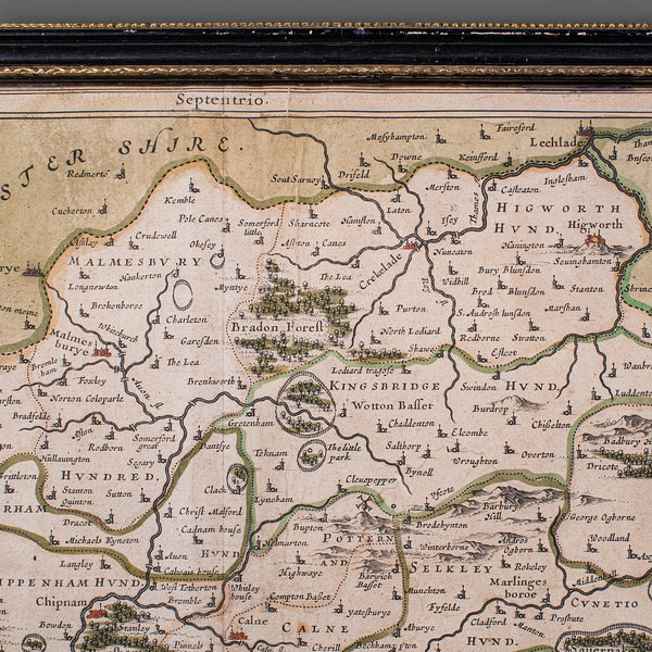 Antique Wiltshire County Map, Dutch, Framed Cartography, Latin, Blaeu, C.1650