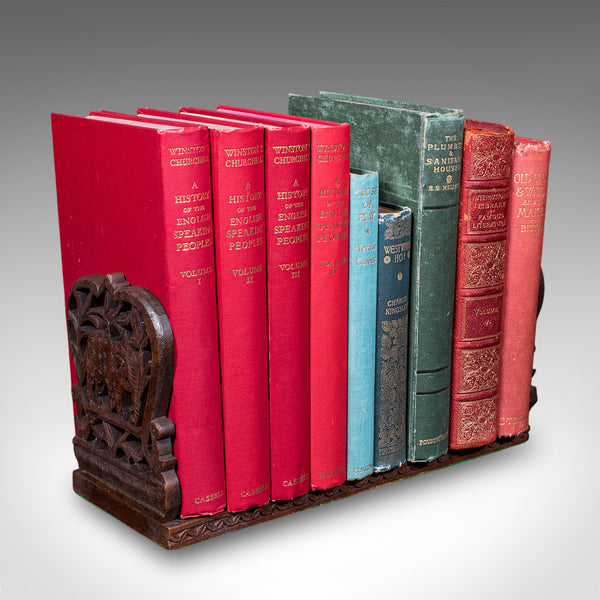 Vintage Elephant Motif Book Slide, Anglo-Indian, Teak, Library Stand, Art Deco
