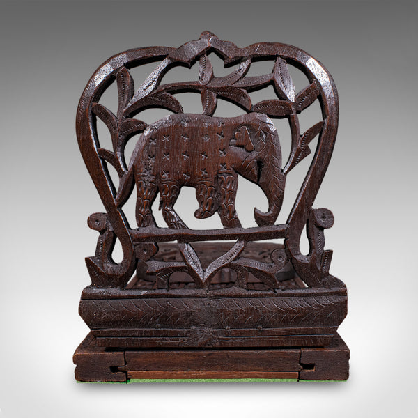 Vintage Elephant Motif Book Slide, Anglo-Indian, Teak, Library Stand, Art Deco