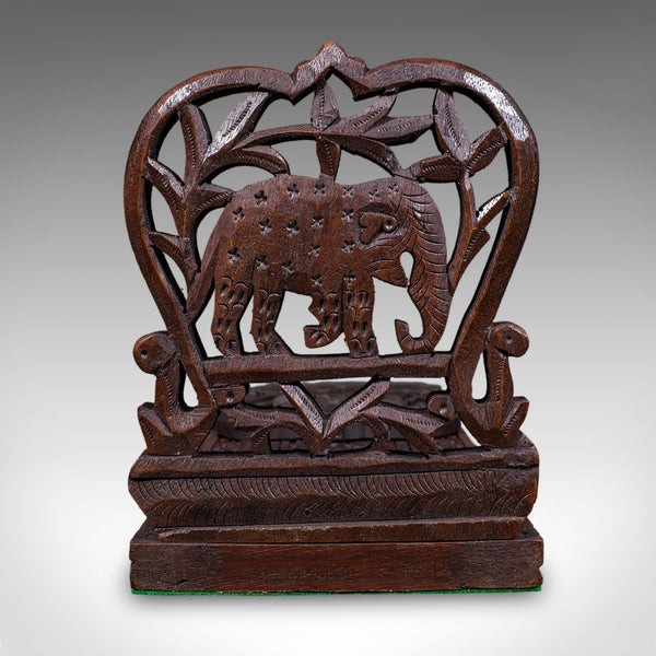 Vintage Elephant Motif Book Slide, Anglo-Indian, Teak, Library Stand, Art Deco