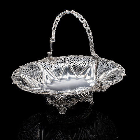 Vintage Decorative Cake Basket, English, Silver Plate, Fruit Dish, Mid Century