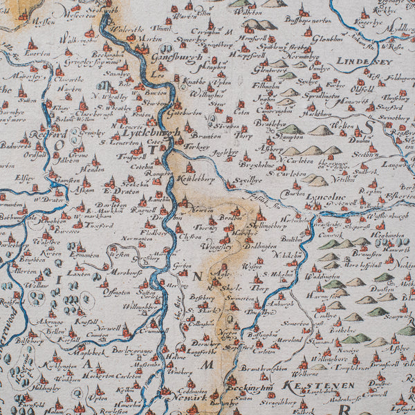 Vintage Map, Lincoln, Nottingham, English, After Christopher Saxton, Cartography