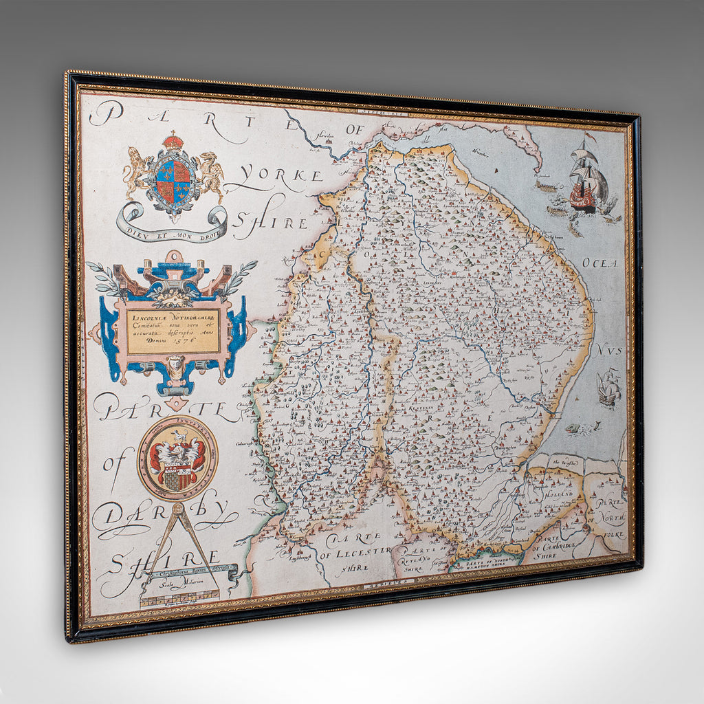 Vintage Map, Lincoln, Nottingham, English, After Christopher Saxton, Cartography