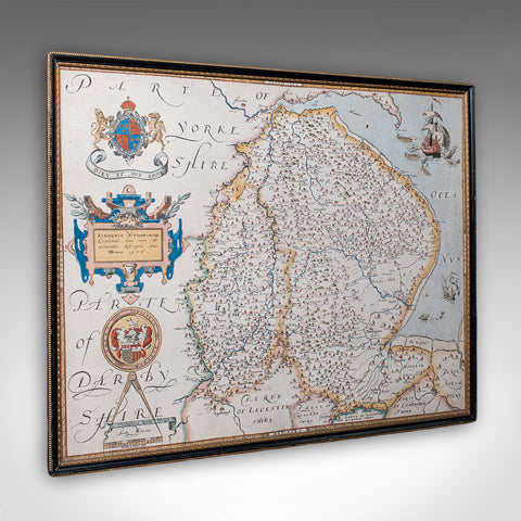 Vintage Map, Lincoln, Nottingham, English, After Christopher Saxton, Cartography