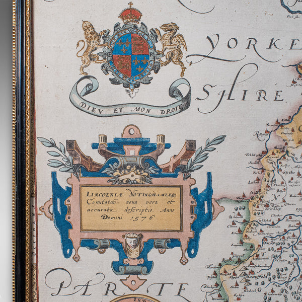 Vintage Map, Lincoln, Nottingham, English, After Christopher Saxton, Cartography