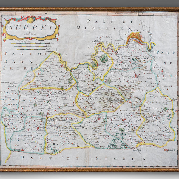 Antique Surrey Map, English, County Cartography, Atlas, Robert Morden, C.1700