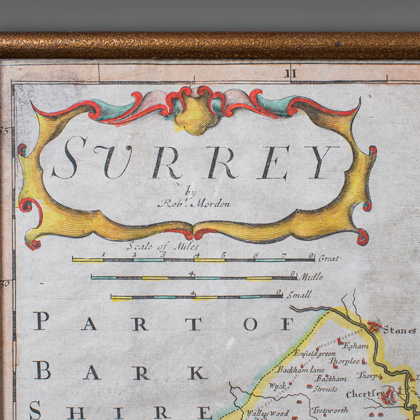 Antique Surrey Map, English, County Cartography, Atlas, Robert Morden, C.1700
