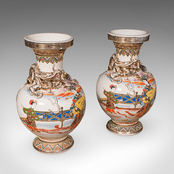 Pair of Antique Satsuma Vases, Japanese, Ceramic Baluster, Meiji, Late Victorian